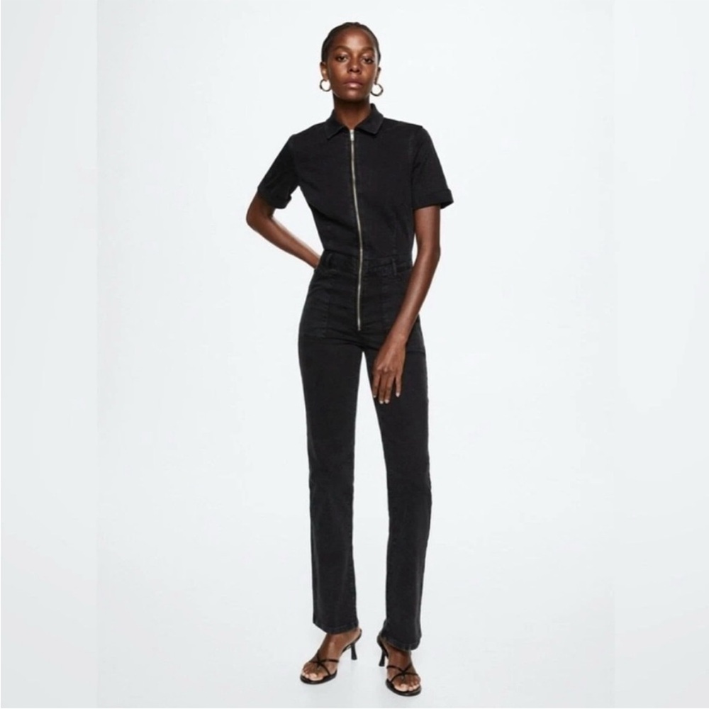 Mango Zip Front Denim Short Sleeve Black Jumpsuit Women’s Size XL Boho Chic NEW